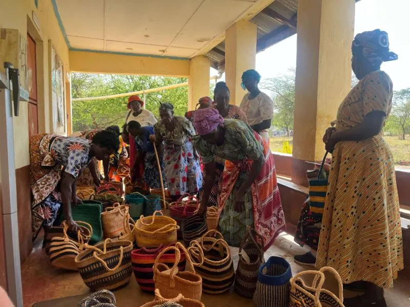 Colorful baskets displayed on porch